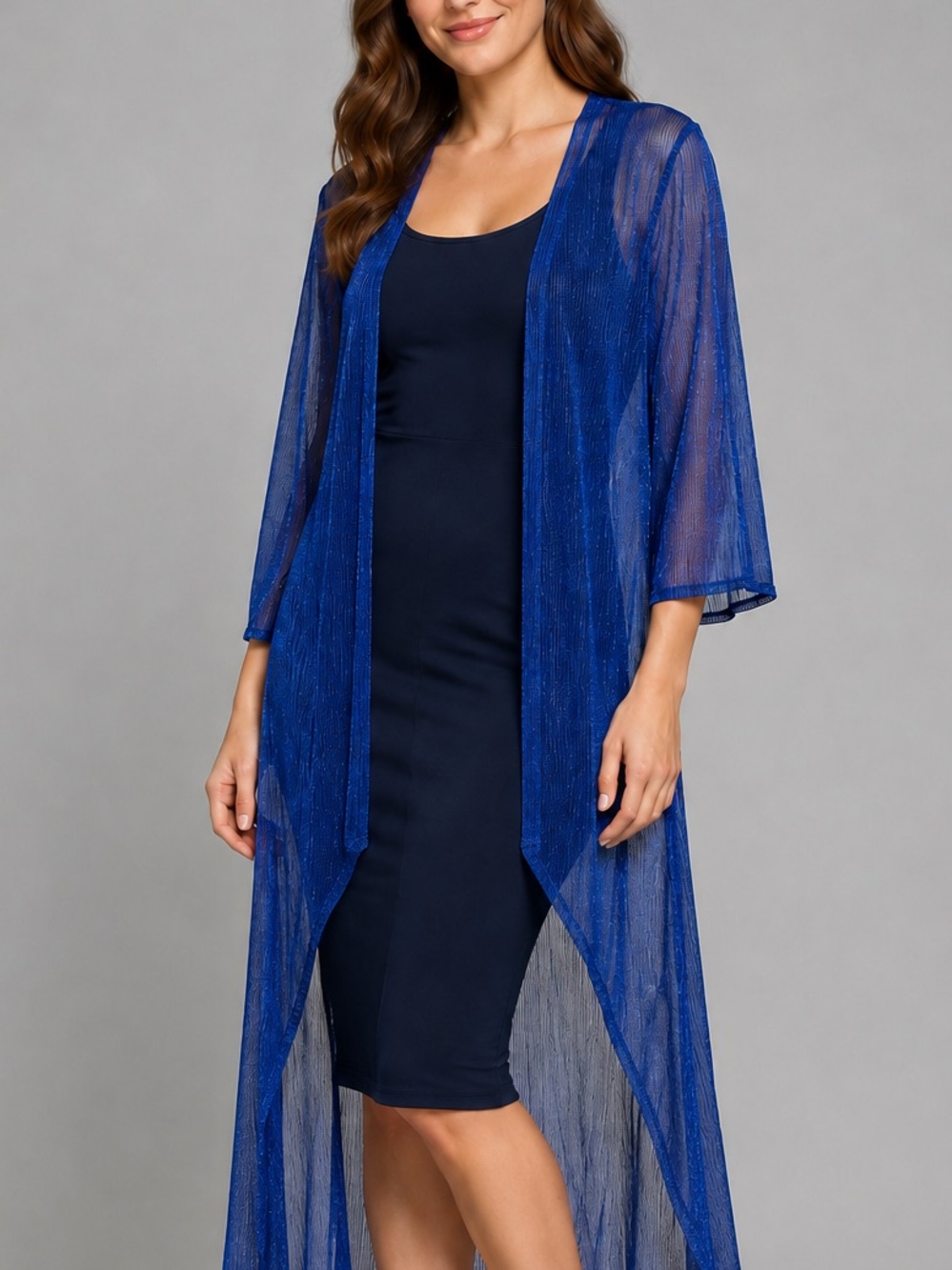 🆕🫐 Le Bos Blue Plus 22W Metallic Sheer Open Front Kimono Evening Party Cover Up